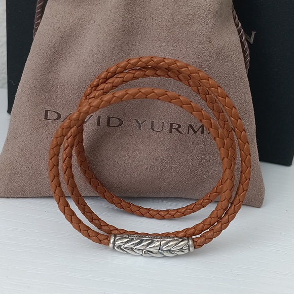 David Yurman Sterling Silver Brown Leather Chevron Triple Row Wrap Brace… - Picture 2 of 4